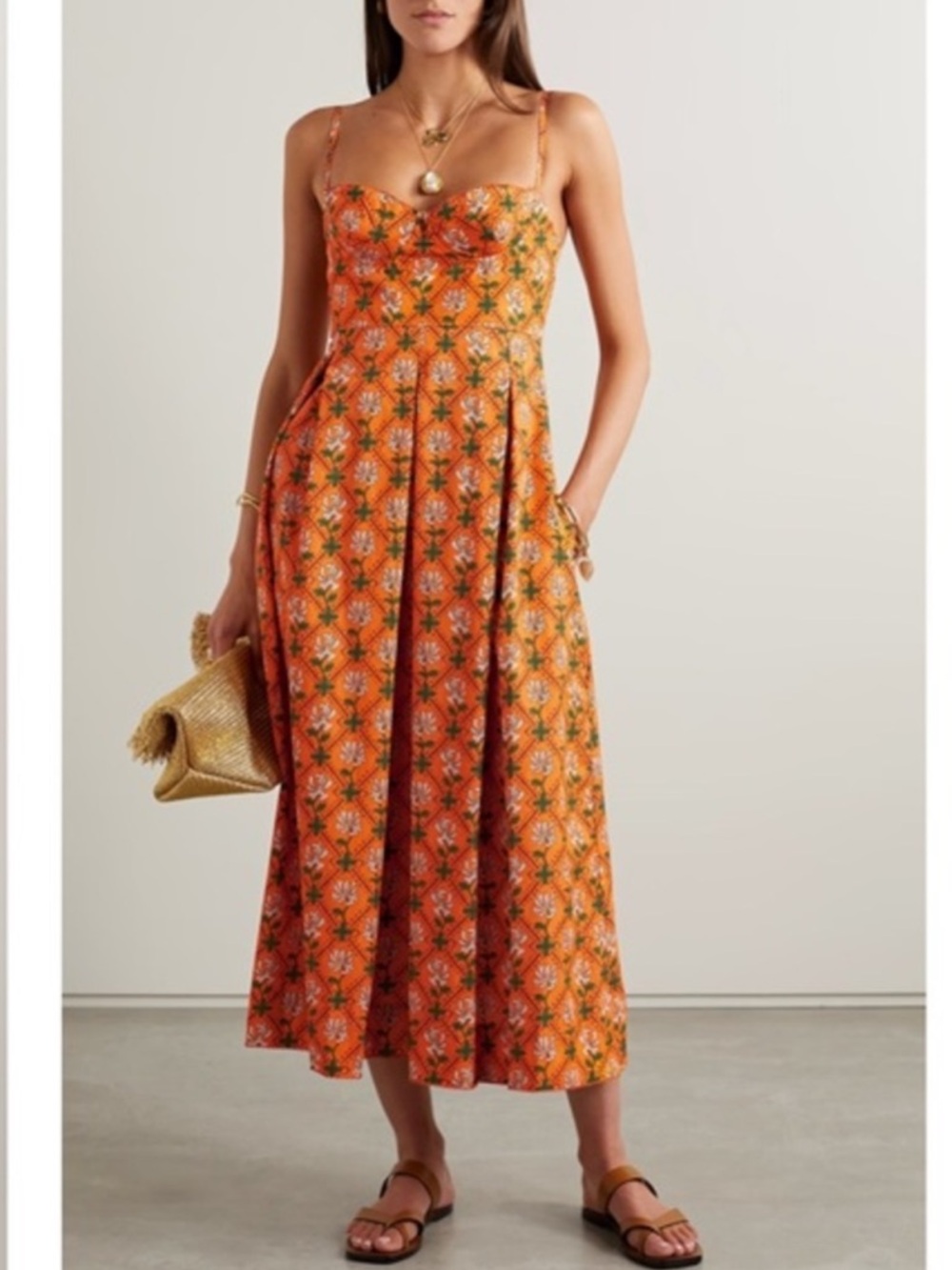 AGUA BY AGUA BENDITA| Mambo Herbal Floral Print Cotton-Poplin Midi Dress NWT